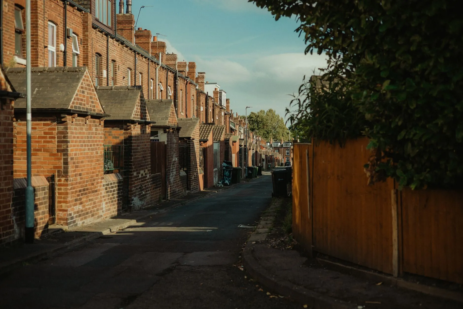 A back lane between rows of red-brick terraced houses in late sun